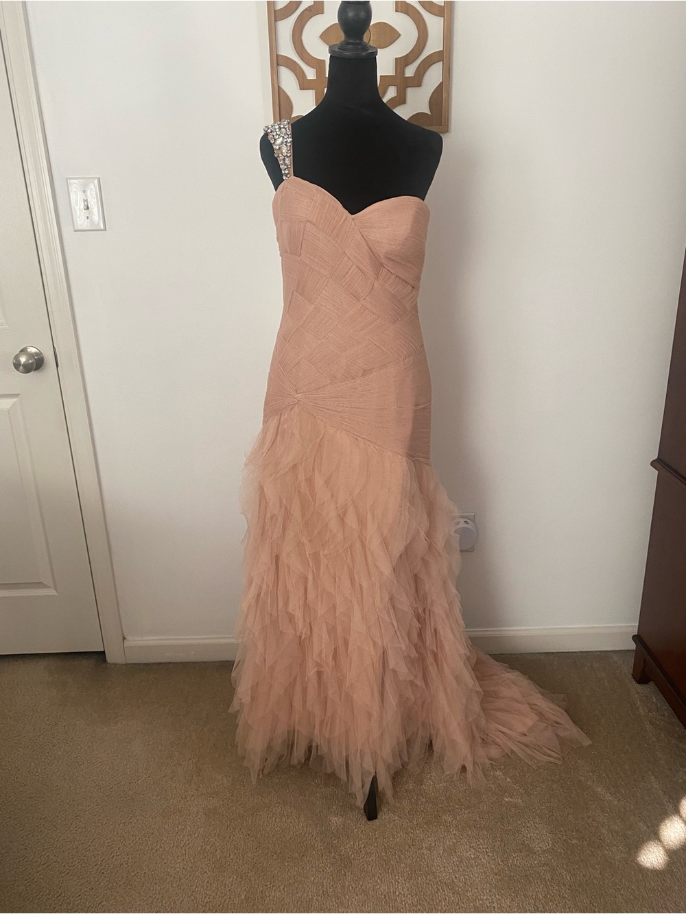 Terani Couture One-Shoulder Dusty Peach Tulle Gown